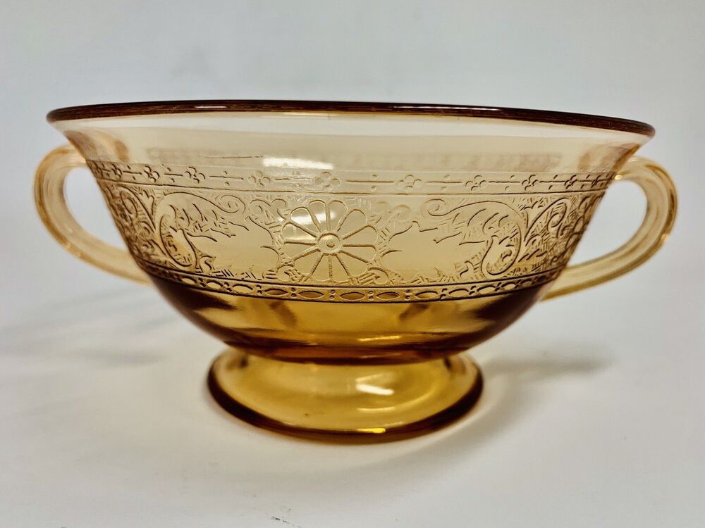 Fostoria Seville Amber Etched Glass Double Handle Bouillon Bowl Vintage 1930s